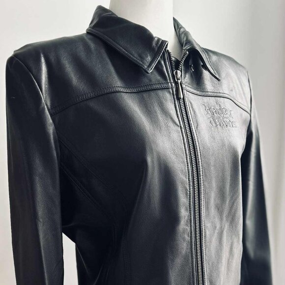Harley-Davidson Black Leather Moto Jacket with Embroidered Filigree – US L - Picture 4 of 12